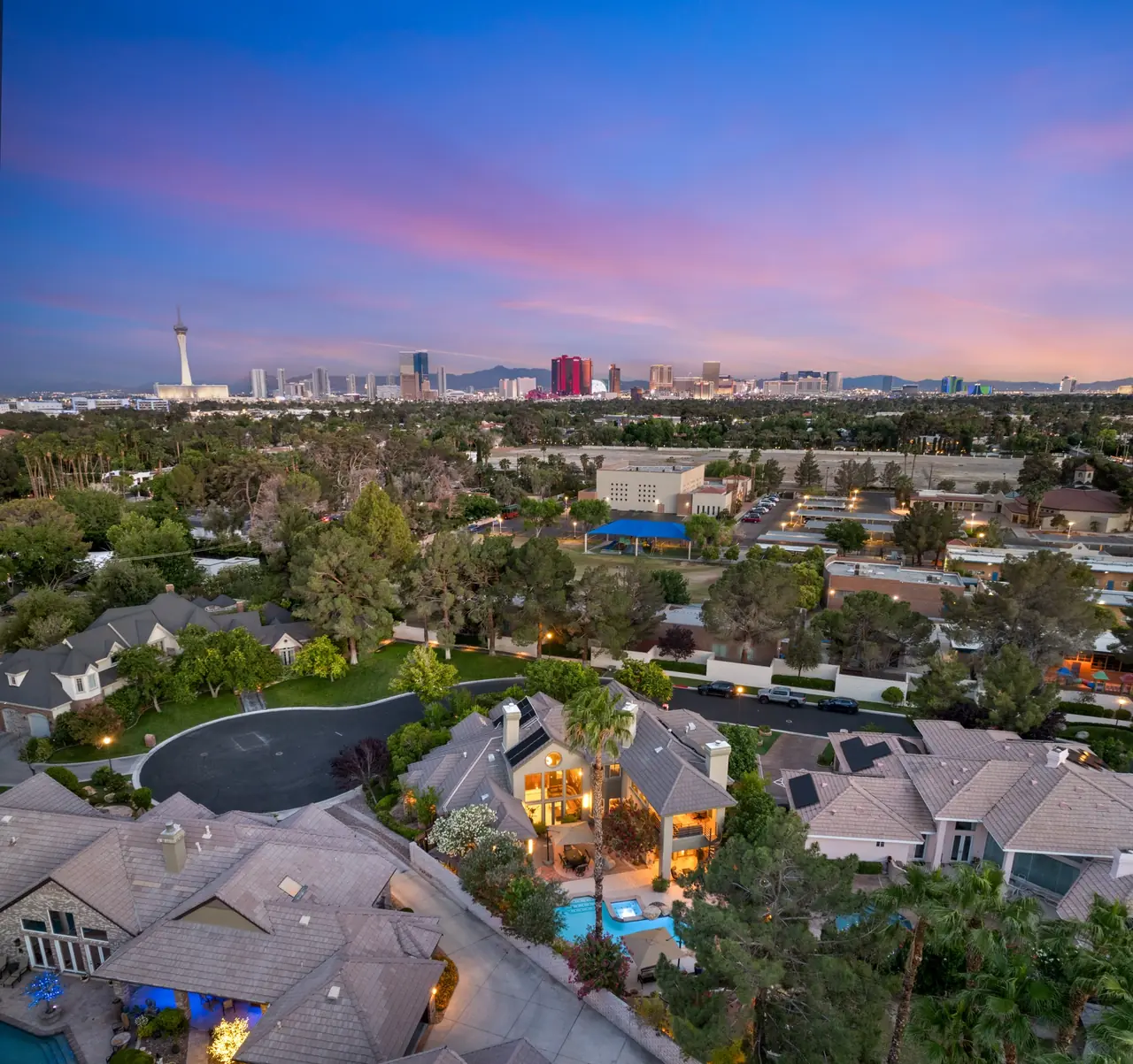 Aerial view at dusk with the Las Vegas Strip on the horizon