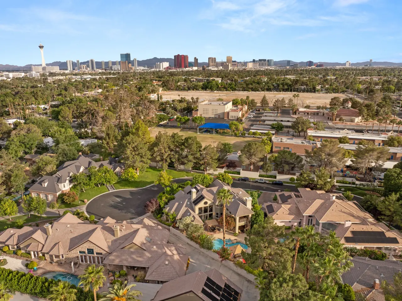 Aerial view across the neighborhood toward the Strip