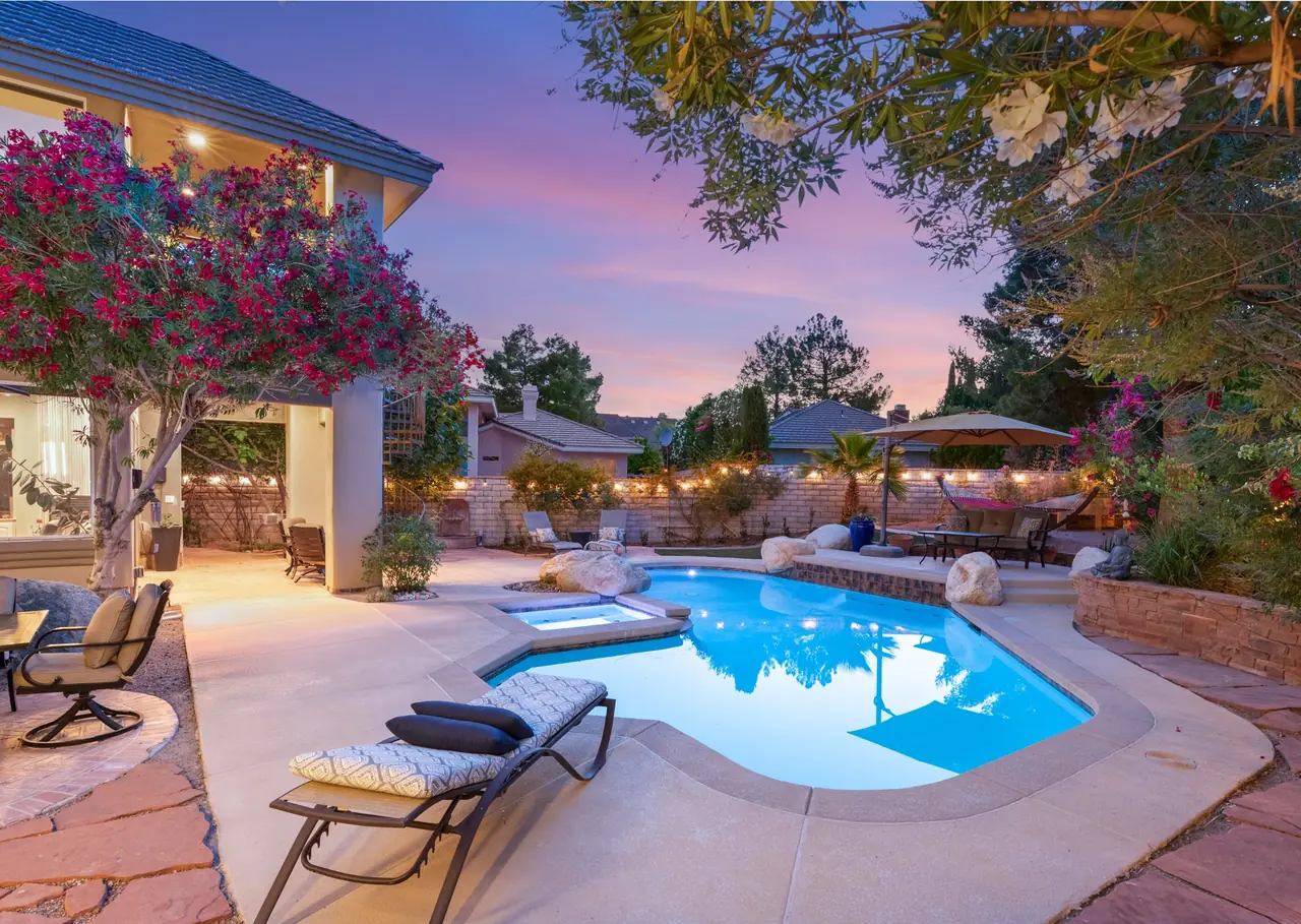 Pool and patio at sunset